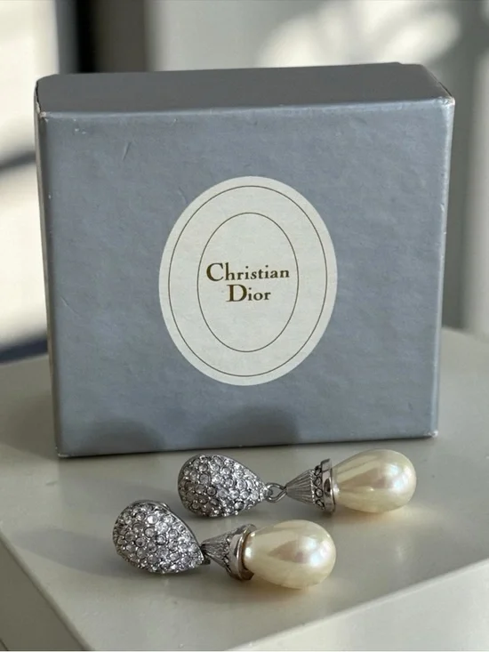 Authentic Christian Dior Silver Crystal and Cream Pearl Drop Post Earrings! COA! - Picture 1 of 8
